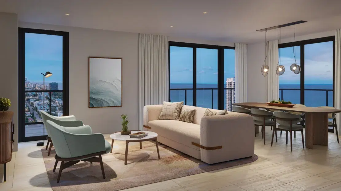 Sala de estar moderna junto al comedor y balcón con vistas al mar