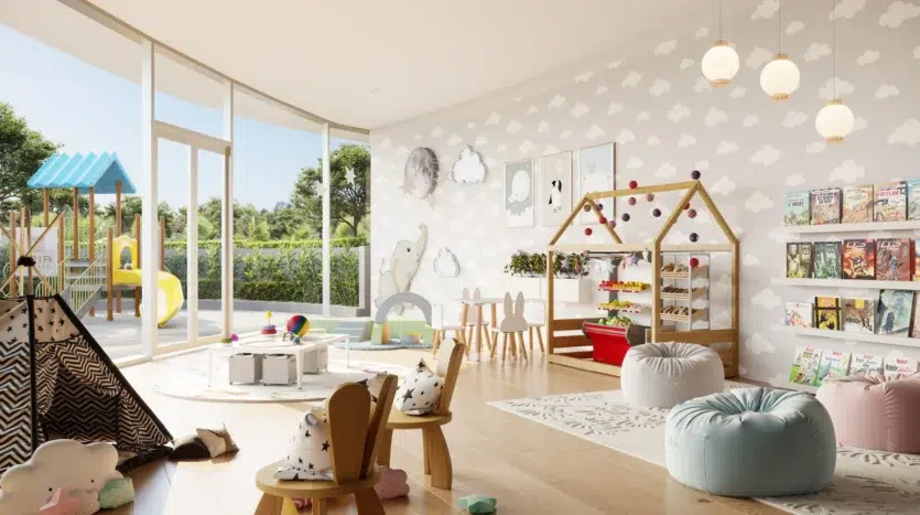 Zona de juegos infantil con decoración minimalista y parque exterior