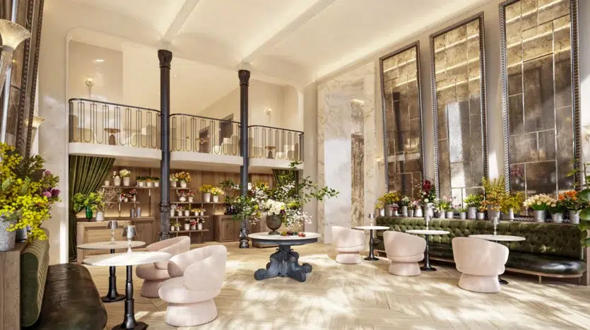 Salón decorativo con mesas y asientos de lujo