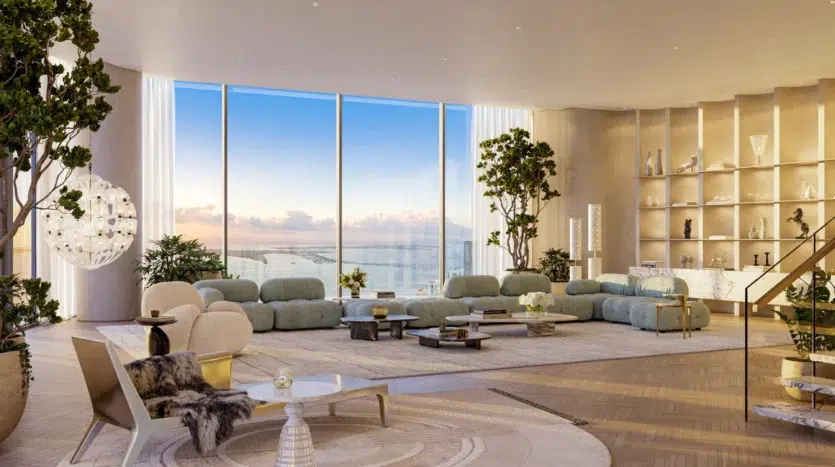 Biblioteca en espacio cerrado con muebles modernos y vistas al mar