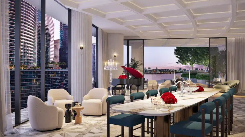 Modelo de condo con gran comedor, terraza y decoración de lujo