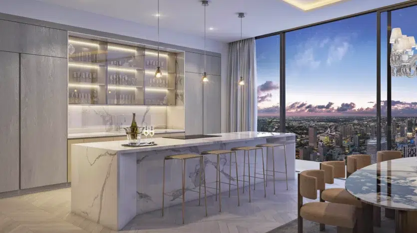 Cocina de lujo de acero inoxidable y estilo moderno con vistas a la ciudad