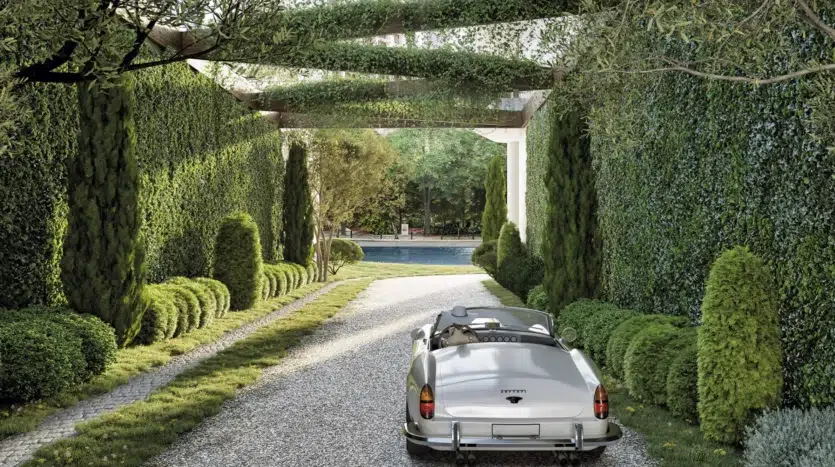 Jardín natural con paso para vehículos y personas