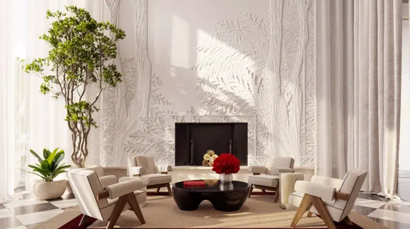 Sala de estar con televisor, mueble de lujo y ventanal