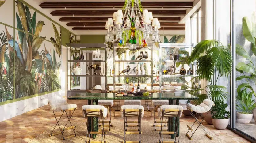 Comedor moderno con candelabro y múltiples asientos