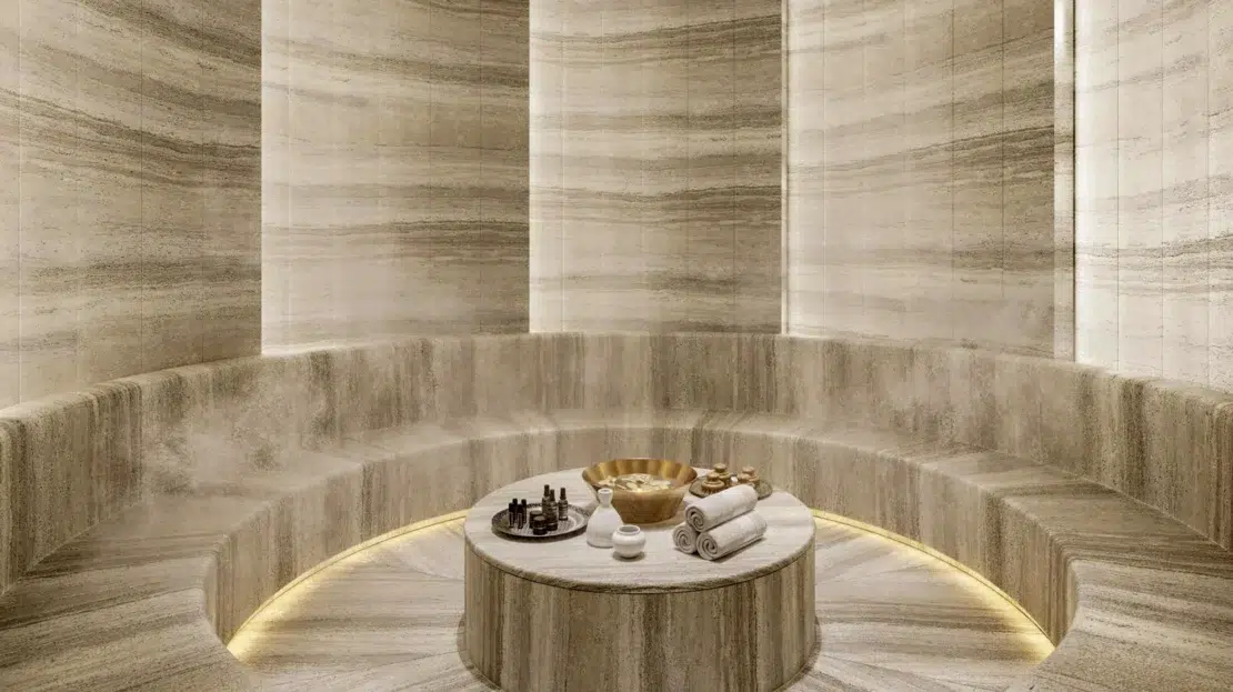 Sauna privado con sofá en forma de círculo y completamente cerrado