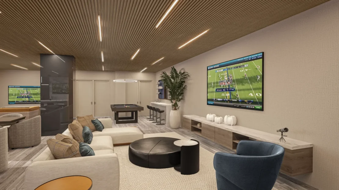 Sala con televisores, muebles de alta calidad y zona de billar