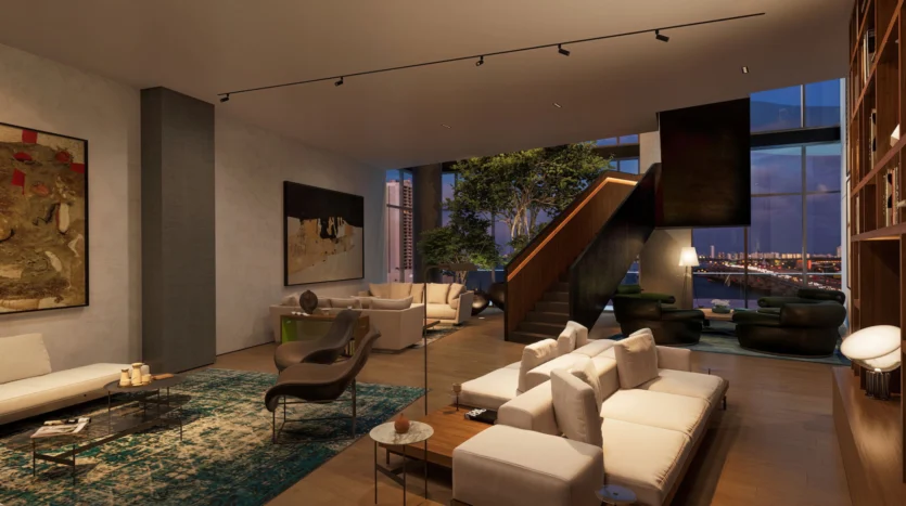 Sala de estar moderna con muebles blancos y luces cálidas