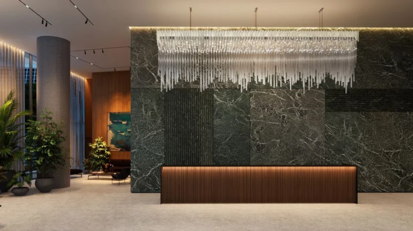Pasillo del edificio con decoración moderna y luces blancas