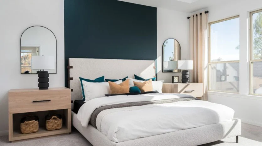 Dormitorio con una cama y decoración minimalista