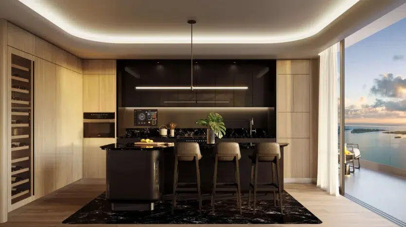 Cocina moderna de madera oscura y acero inoxidable