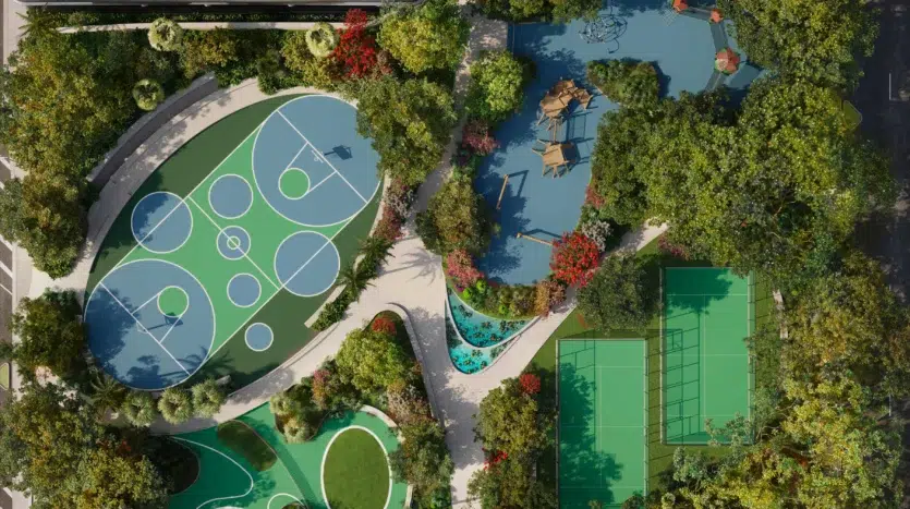 Vistas aéreas a la zona del parque al aire libre con canchas de tenis y barquet
