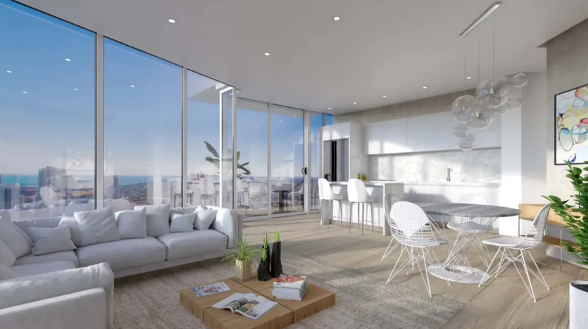 Comedor moderno junto a la cocina con vistas a la ciudad