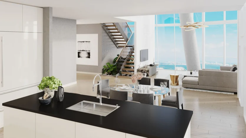 Sala de estar de lujo junto al comedor y cocina