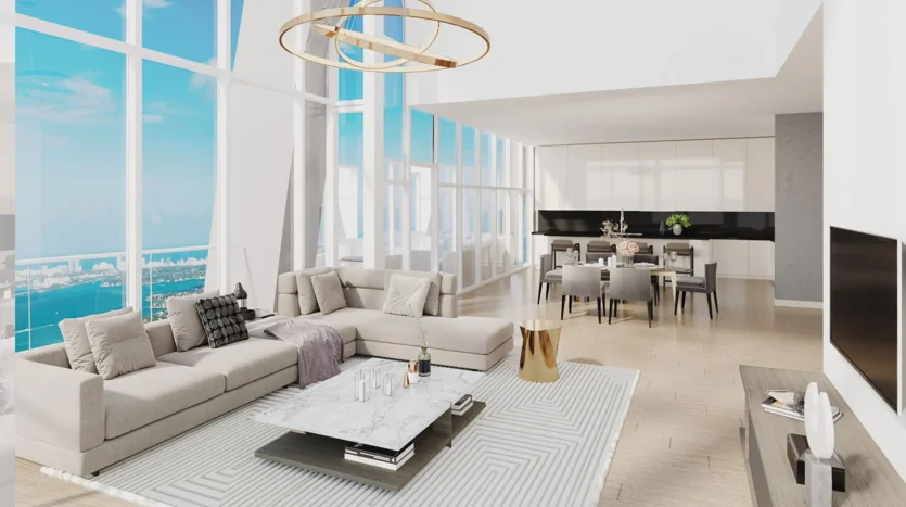 Sala de estar de lujo junto al comedor y cocina