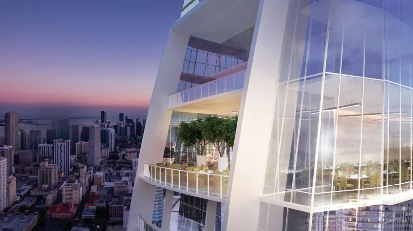 Vistas de la estructura del edificio y la ciudad de noche