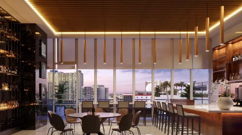 Salón de vinos exclusivo con un toque de lujo y vistas a la ciudad