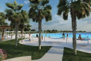 Zona de albercas con arena blanca en sunterra texas