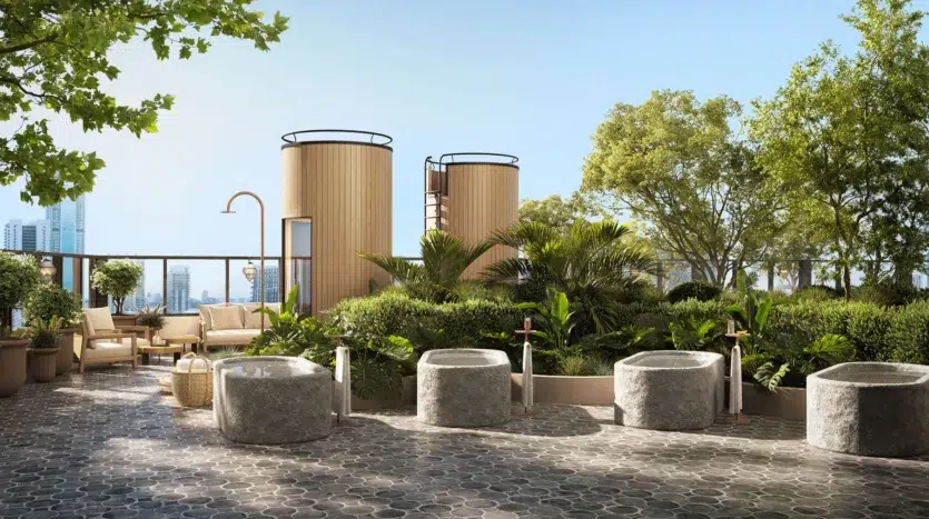 Jardín en la terraza con jacuzzis