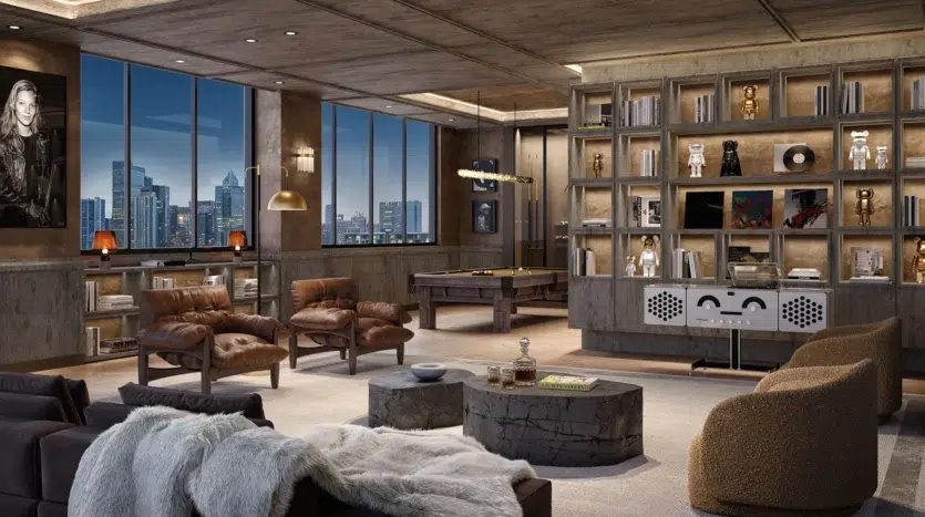 Sala recreativa con espacio para billar, muebles y bibliotrca