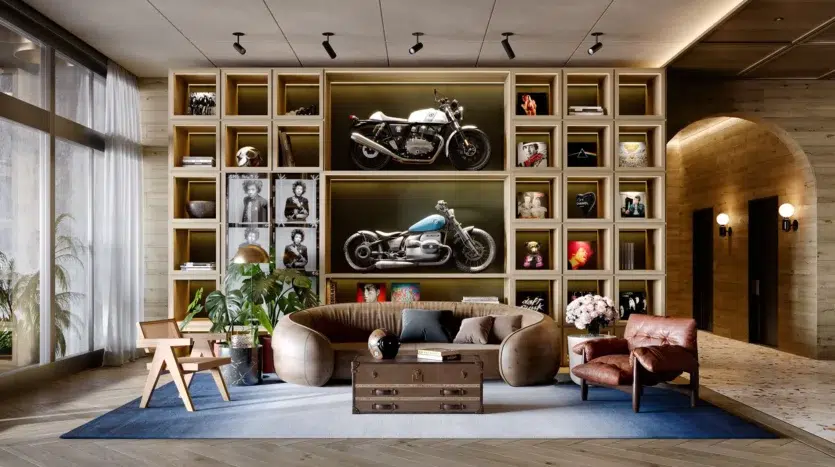 Sala tematizada de motocicletas y muebles de lujo