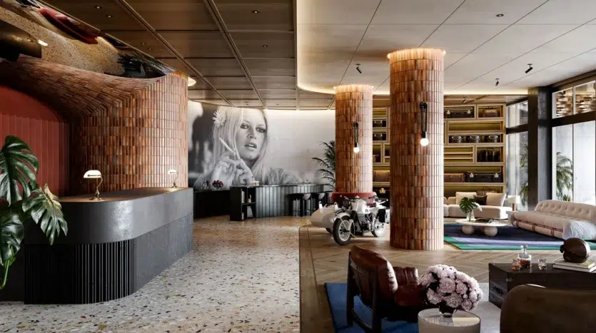 Recepción principal con espacios para sentarse y decoración de lujo