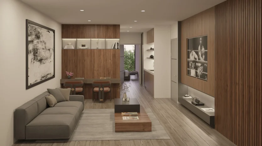 Sala moderna con detalles de madera y cuadros