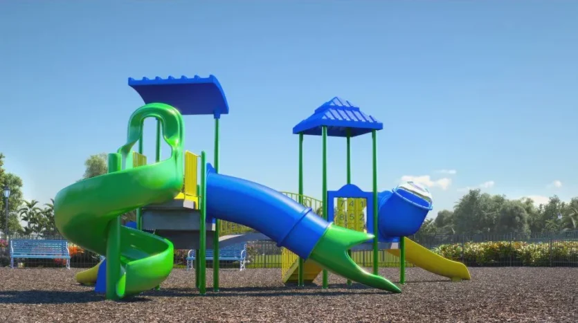 Parque infantil al aire libre con toboganes para niños en la comunidad de westview