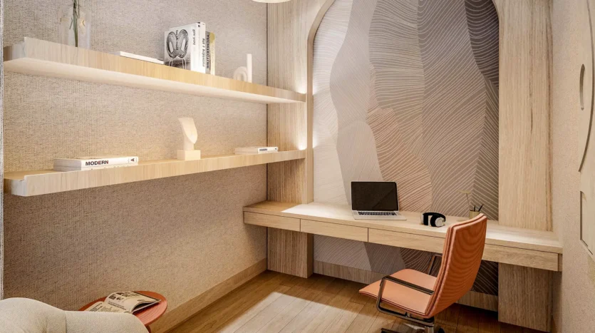 Estudio tipo oficina personal con luces y decoración minimalista