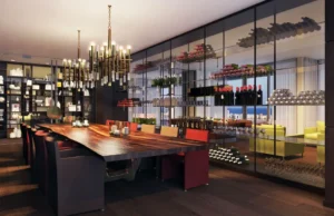 Salon de vinos con decoración rústica y candelabros