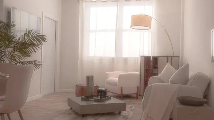 Habitación moderna con sofás blancos y lámpara de lujo