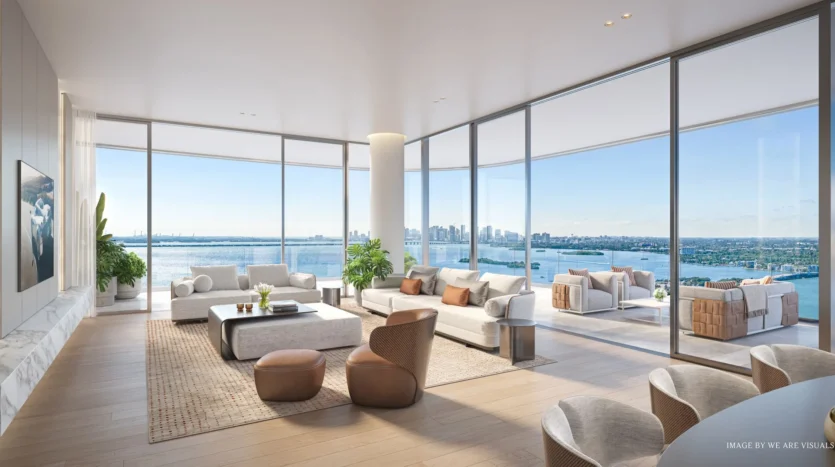Sala de estar de lujo con vistas panorámicas al mar