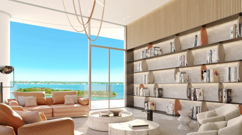 Salón recreativo con estantería para libros y muebles de lujo