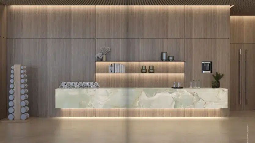 Spa exclusivo con detalles de porcelanato y madera