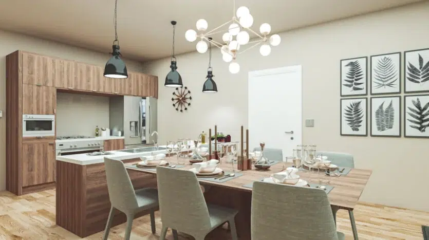 Comedor de madera de alta calidad con iluminación blanca