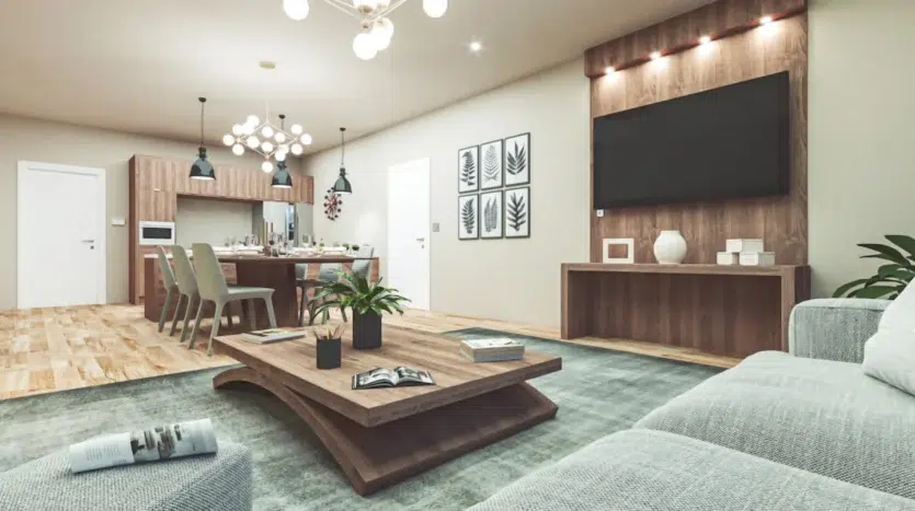 Sala de estar de lujo con televisor, sofá moderno y comedor
